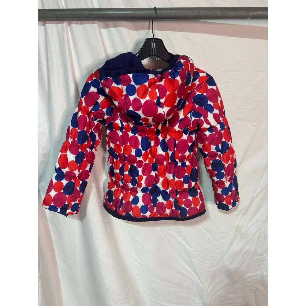 Lands End S 7/8 fleece lined polka dot hooded warm jacket blue red white euc